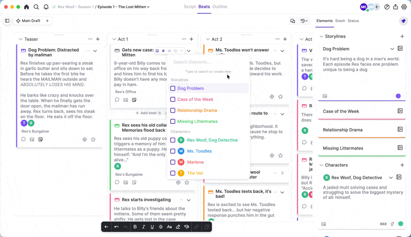 Color-coded story elements in Arc Studio.