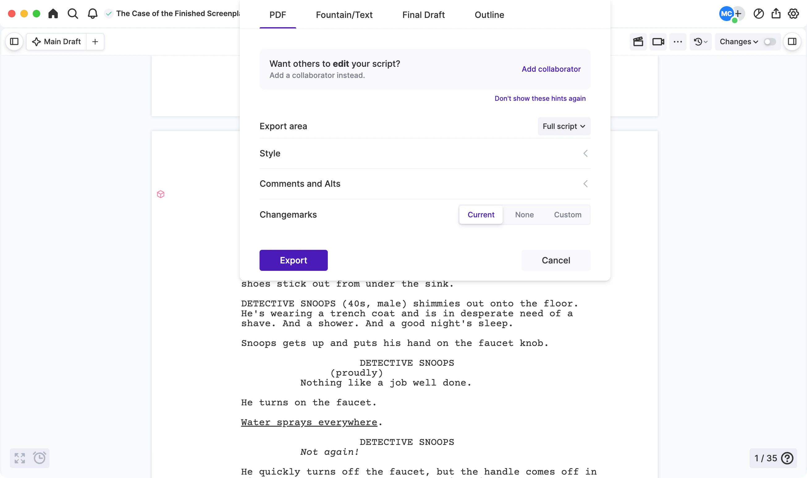 Arc Studio script export options for PDF, FDX, and Fountain/Text files.